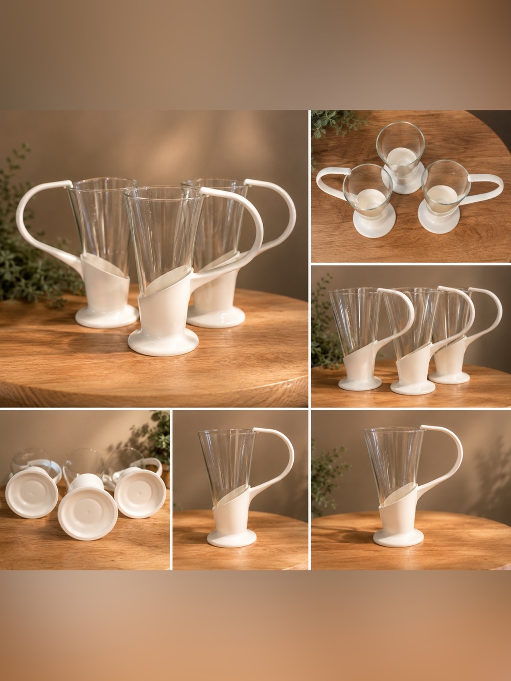 Vintage MCM Glasses Set Cream Snap On Plastic Caddy Handles - 3pc Set
